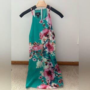 by & by teal dress with flower pattern